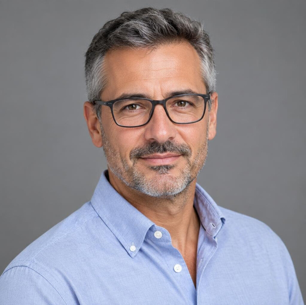 Studio portrait of a Portuguese man journalist in his 40s