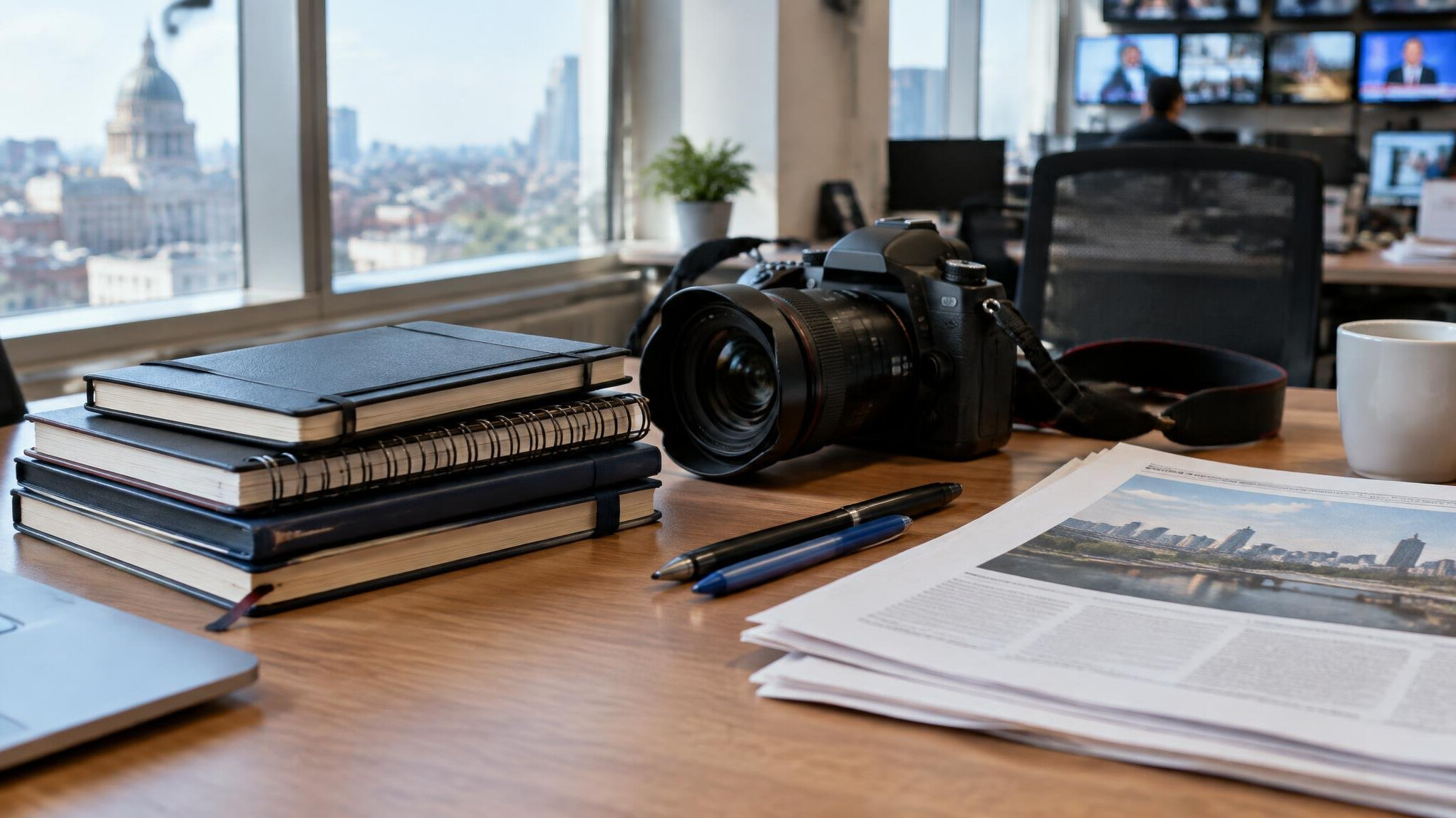 Stack of notebooks, a camera and printed papers on a newsroom desk