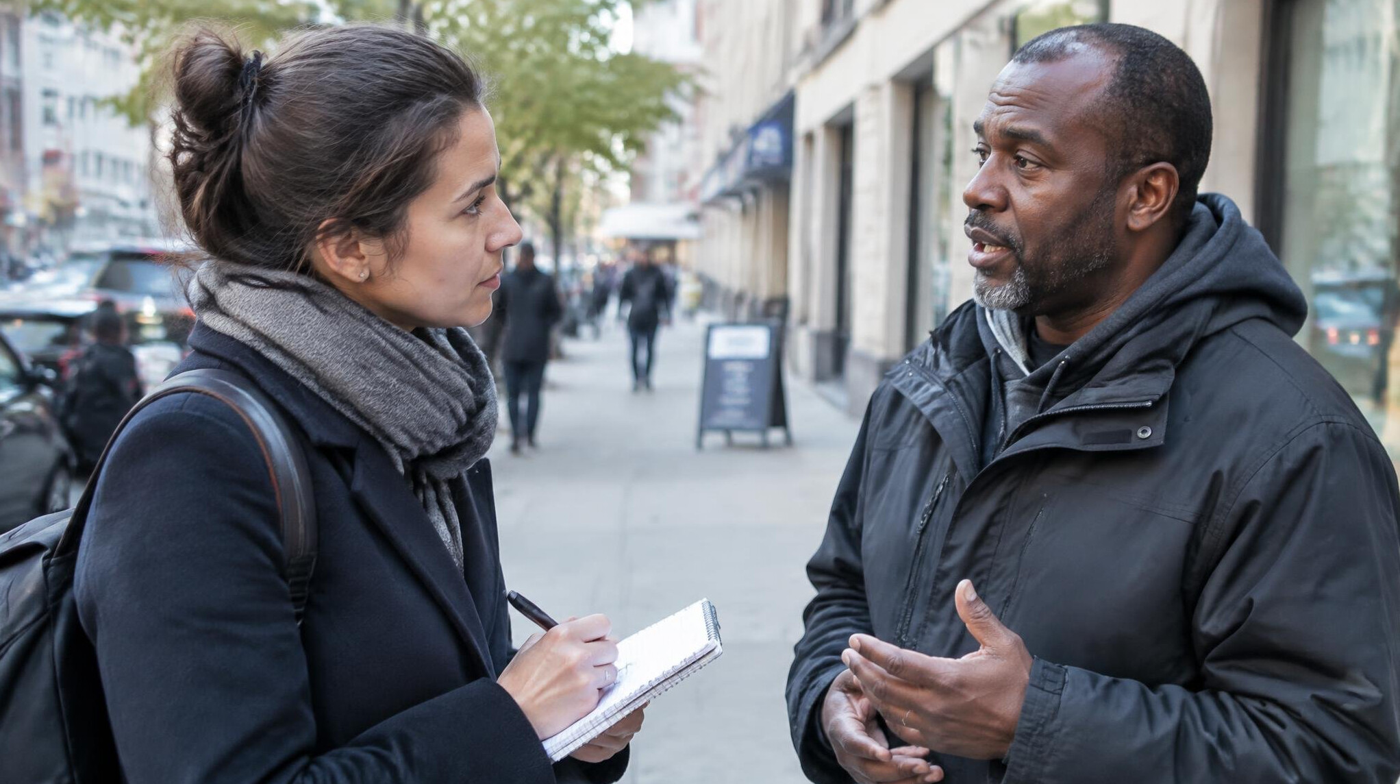 Journalist taking notes while interviewing a person outdoors