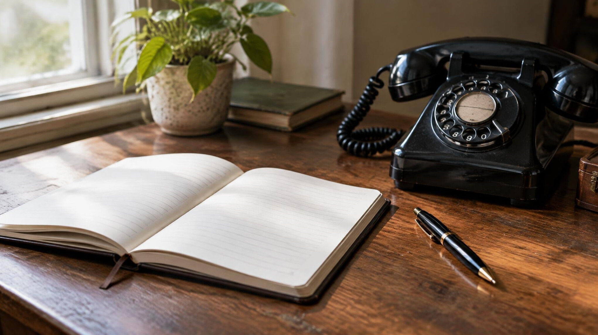 Open notebook with a pen and a rotary telephone on a desk