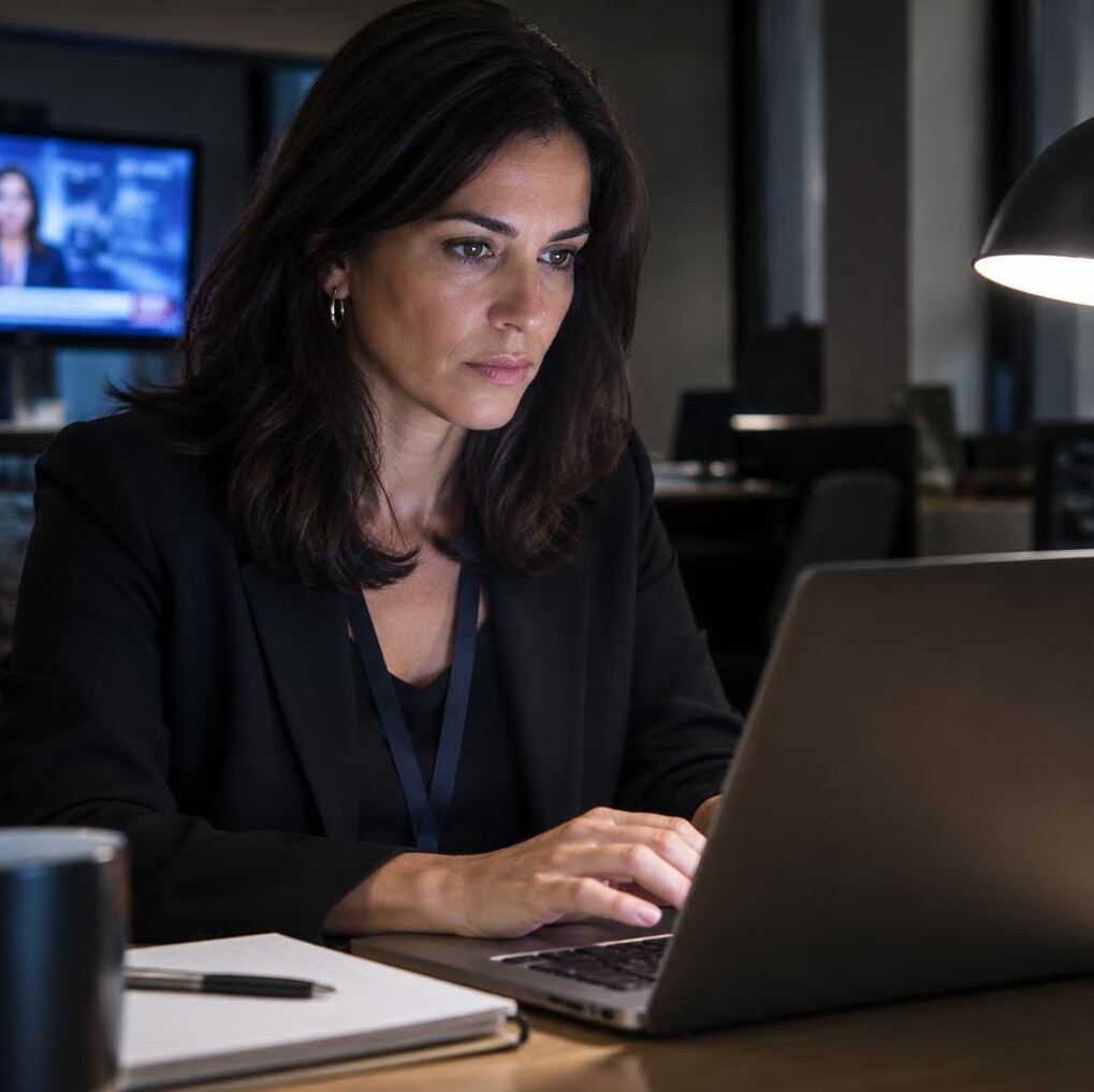 Portuguese female journalist working on a laptop at night in a newsroom
