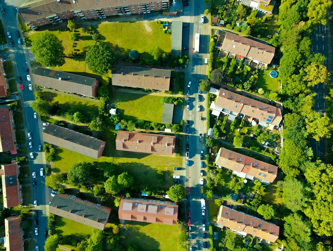 drone flying over city