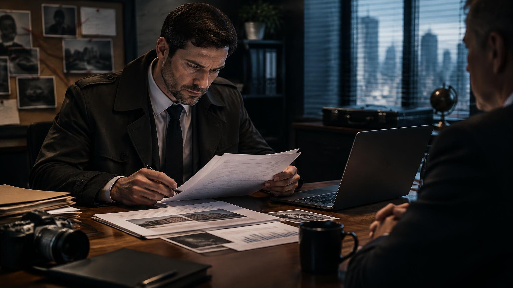 private investigator analyzing documents
