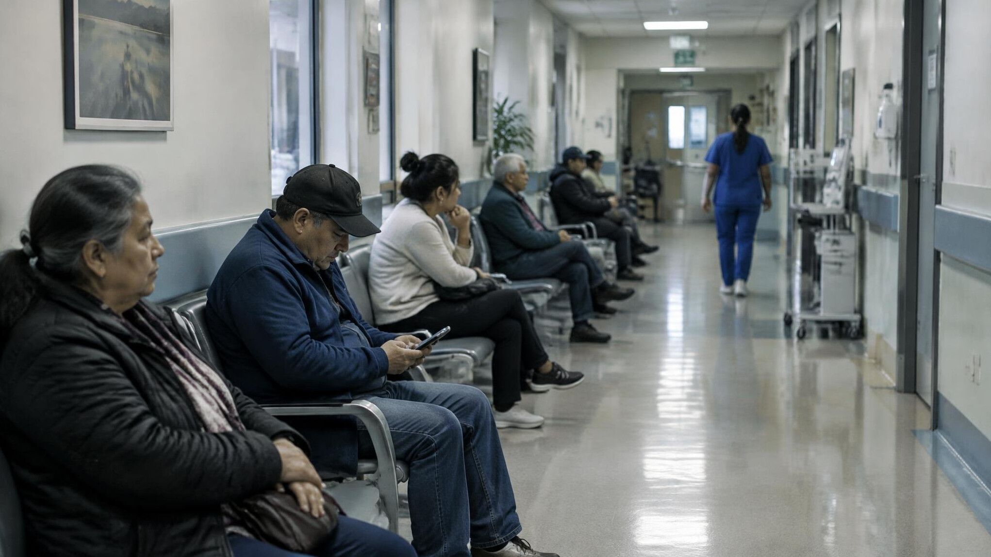 Patients waiting in a hospital corridor waiting room