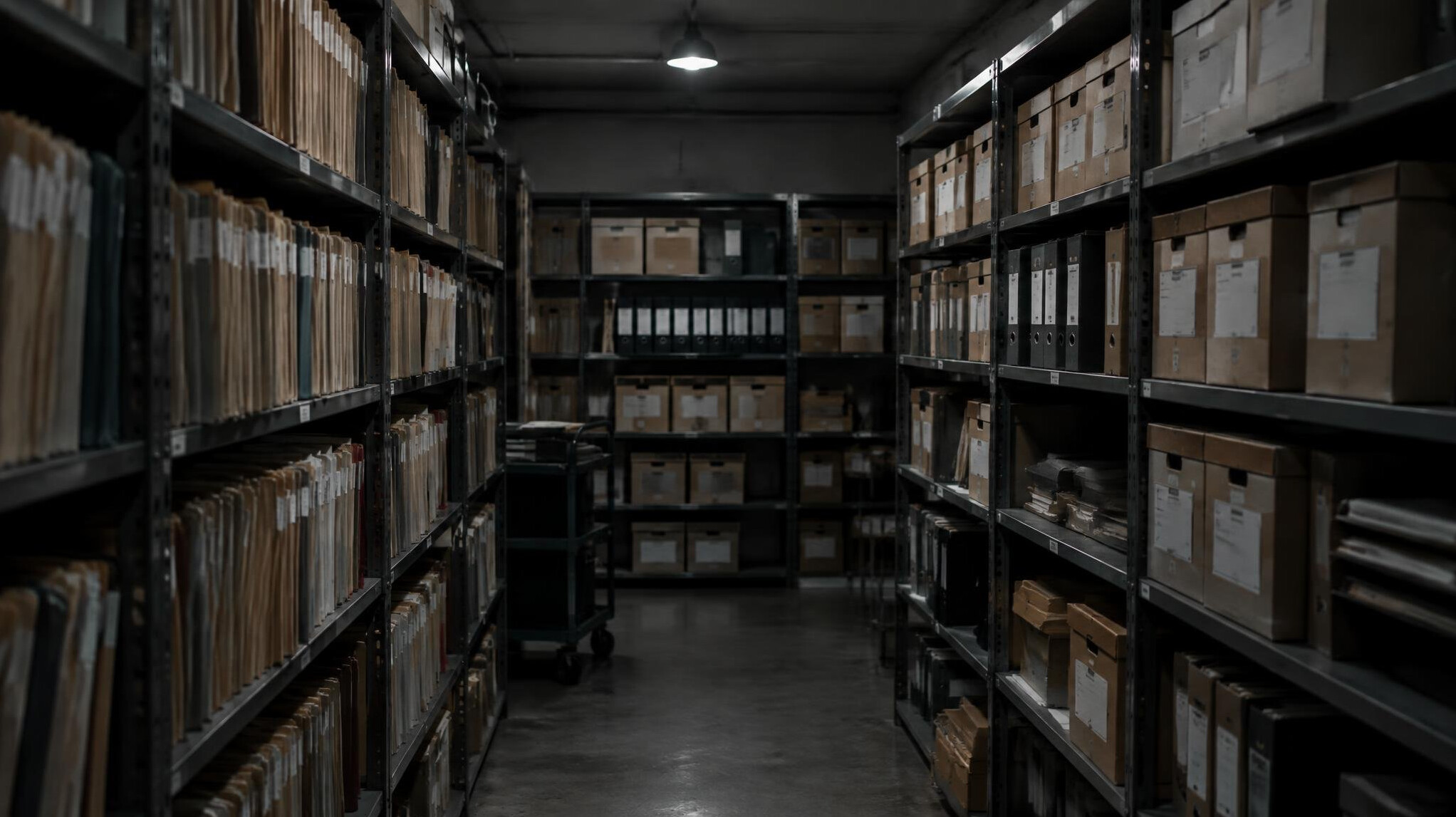 Archive shelves filled with folders and boxes of documents